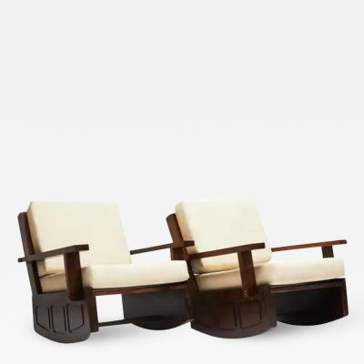 Midcentury Modern Rocking Chairs in Hardwood Cream Aqua Block cushions Brazil