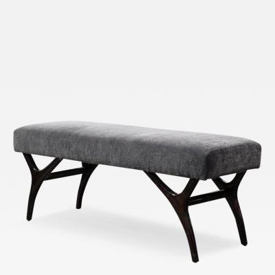 Midcentury Modernist Smoked Pewter Mohair Ebonized Walnut Sculptured Leg Bench