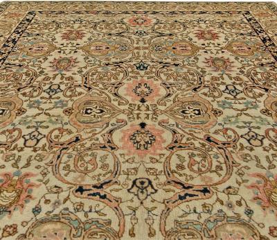 Midcentury Persian Tabriz Copper Beige Salmon and Inky Blue Handmade Wool Rug