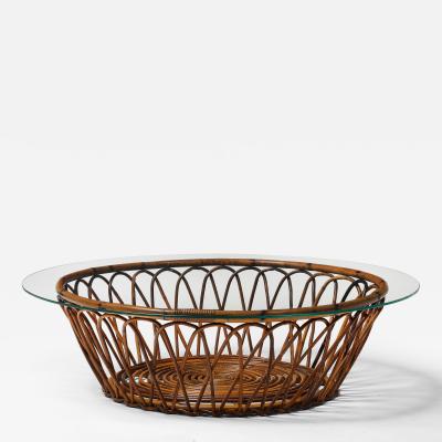 Midcentury Round Bamboo Rattan and Glass Top Coffee Table