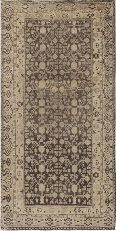 Midcentury Samarkand Beige and Brown Handwoven Wool Rug