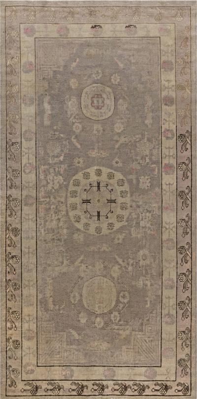 Midcentury Samarkand Handmade Wool Rug in Beige Brown Pink and Purple