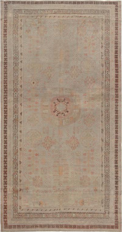 Midcentury Samarkand Handmade Wool Rug in Beige Brown and Orange