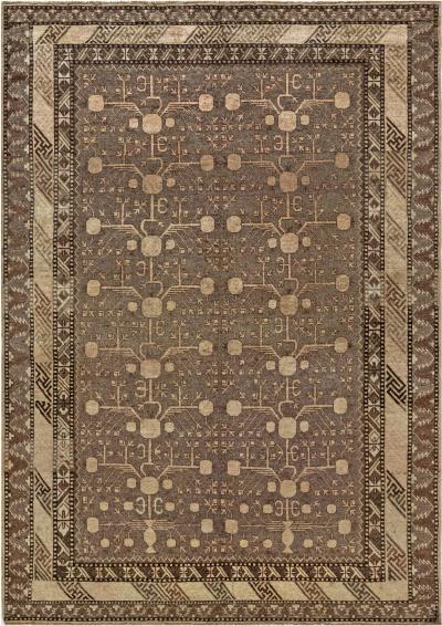 Midcentury Samarkand Handmade Wool Rug in Beige Brown and Purple