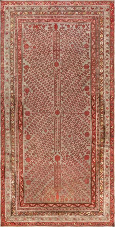 Midcentury Samarkand Handmade Wool Rug in Beige Red and Orange