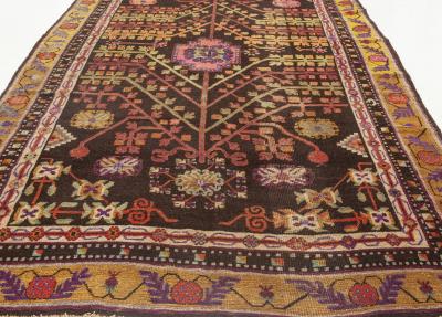 Midcentury Samarkand Handmade Wool Rug in Brown Gold Green Purple and White