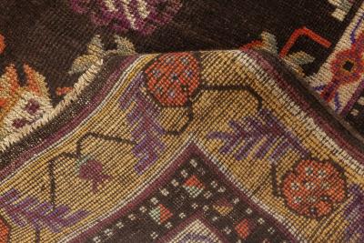 Midcentury Samarkand Handmade Wool Rug in Brown Gold Green Purple and White