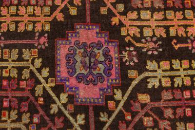 Midcentury Samarkand Handmade Wool Rug in Brown Gold Green Purple and White