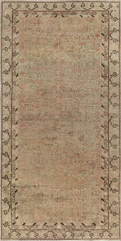 Midcentury Samarkand Handmade Wool Rug in Light Gray Beige Brown and Pink