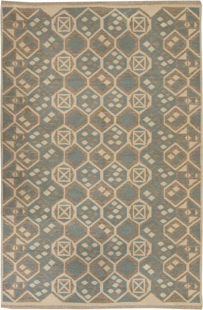 Midcentury Scandinavian Wool Rug with Honeycomb Design in Blue Grey and Brown