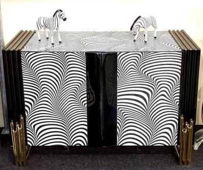 Midcentury Style Black White Murano Glass and Brass Cabinet or Credenza