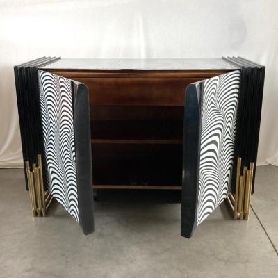 Midcentury Style Black White Murano Glass and Brass Cabinet or Credenza