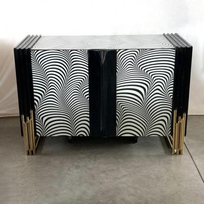 Midcentury Style Black White Murano Glass and Brass Cabinet or Credenza