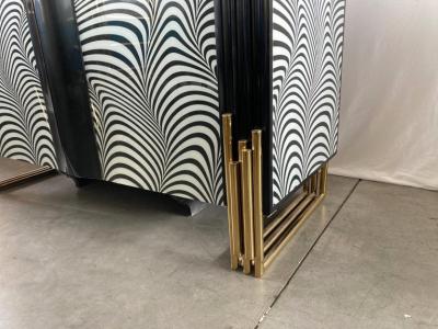 Midcentury Style Black White Murano Glass and Brass Cabinet or Credenza