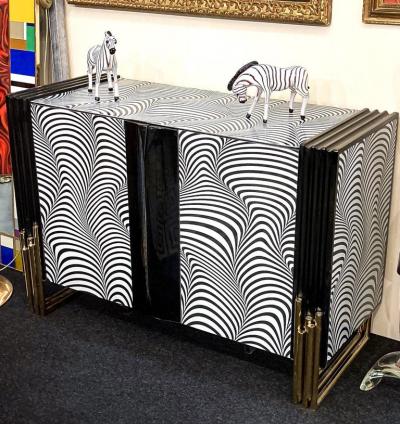 Midcentury Style Black White Murano Glass and Brass Cabinet or Credenza