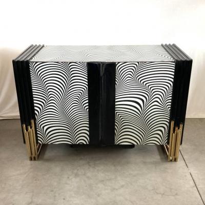 Midcentury Style Black White Murano Glass and Brass Cabinet or Credenza