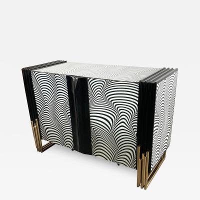 Midcentury Style Black White Murano Glass and Brass Cabinet or Credenza
