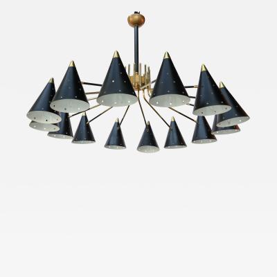 Midcentury Style Brass Chandelier with Black Perforated Shades