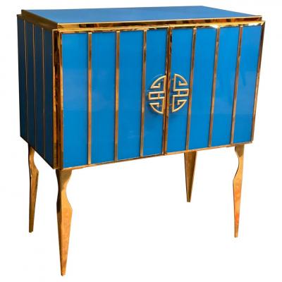Midcentury Style Brass and Blu Murano Glass Bar Cabinet 2020