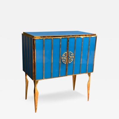 Midcentury Style Brass and Blu Murano Glass Bar Cabinet 2020