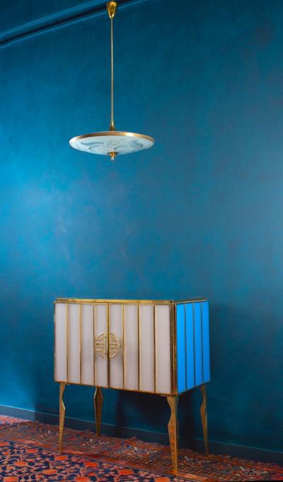 Midcentury Style Brass and Colored Murano Glass Bar Cabinet 2020