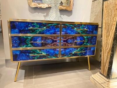 Midcentury Style Brass and Lapis Lazuli Colored Murano Glass Commode