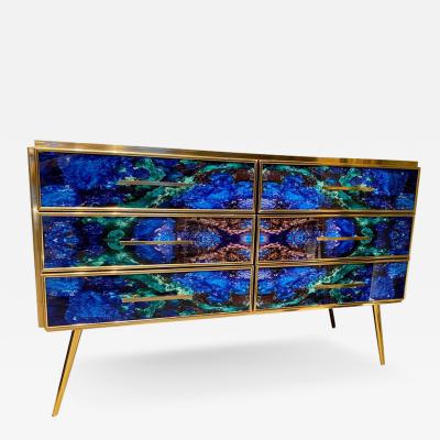 Midcentury Style Brass and Lapis Lazuli Colored Murano Glass Commode