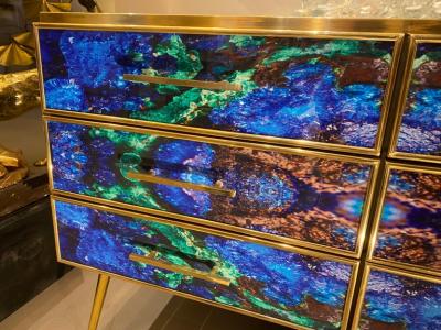 Midcentury Style Brass and Lapis Lazuli Colored Murano Glass Commode
