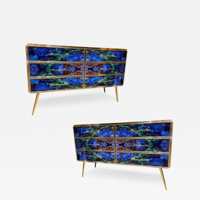 Midcentury Style Brass and Lapis Lazuli Colored Murano Glass Commode