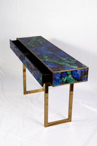 Midcentury Style Brass and Lapis Lazuli Colored Murano Glass Console Table