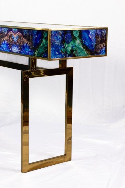 Midcentury Style Brass and Lapis Lazuli Colored Murano Glass Console Table