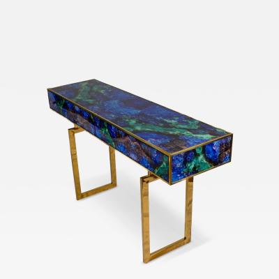 Midcentury Style Brass and Lapis Lazuli Colored Murano Glass Console Table