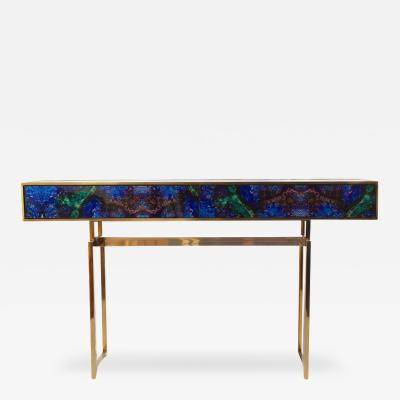 Midcentury Style Brass and Lapis Lazuli Colored Murano Glass Console Table