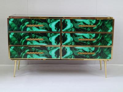 Midcentury Style Brass and Malachite Colored Murano Glass Commode 2020