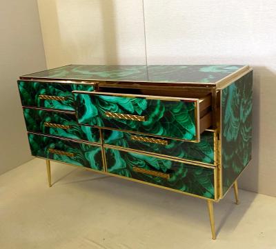 Midcentury Style Brass and Malachite Colored Murano Glass Commode 2020