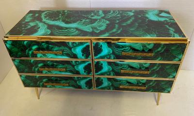 Midcentury Style Brass and Malachite Colored Murano Glass Commode 2020