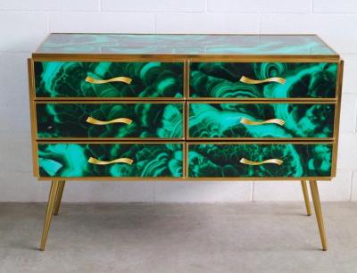 Midcentury Style Brass and Malachite Colored Murano Glass Commode 2020