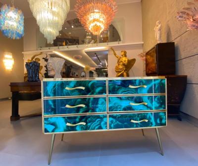 Midcentury Style Brass and Malachite Colored Murano Glass Commode 2020
