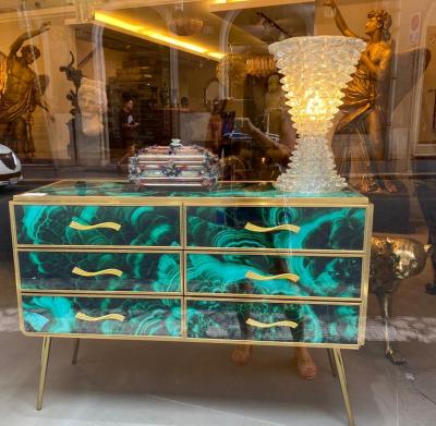 Midcentury Style Brass and Malachite Colored Murano Glass Commode 2020