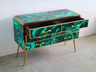 Midcentury Style Brass and Malachite Colored Murano Glass Commode 2020