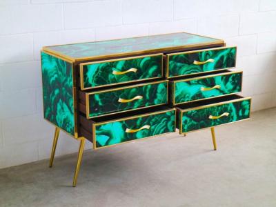 Midcentury Style Brass and Malachite Colored Murano Glass Commode 2020
