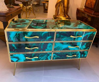 Midcentury Style Brass and Malachite Colored Murano Glass Commode 2020