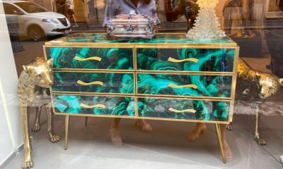 Midcentury Style Brass and Malachite Colored Murano Glass Commode 2020