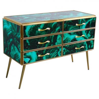 Midcentury Style Brass and Malachite Colored Murano Glass Commode 2020