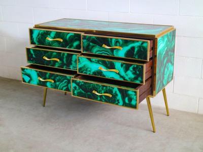 Midcentury Style Brass and Malachite Colored Murano Glass Commode 2020