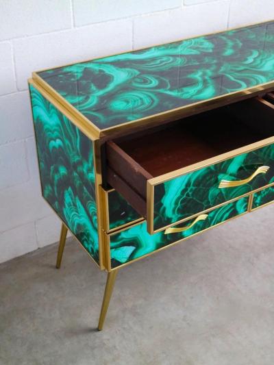 Midcentury Style Brass and Malachite Colored Murano Glass Commode 2020