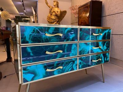 Midcentury Style Brass and Malachite Colored Murano Glass Commode 2020