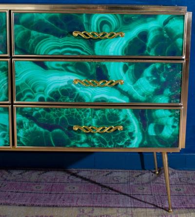 Midcentury Style Brass and Malachite Colored Murano Glass Commode 2020