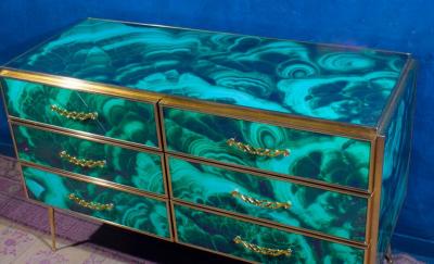 Midcentury Style Brass and Malachite Colored Murano Glass Commode 2020