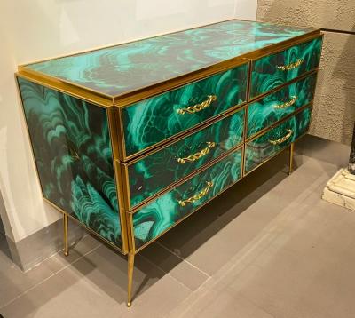 Midcentury Style Brass and Malachite Colored Murano Glass Commode 2020
